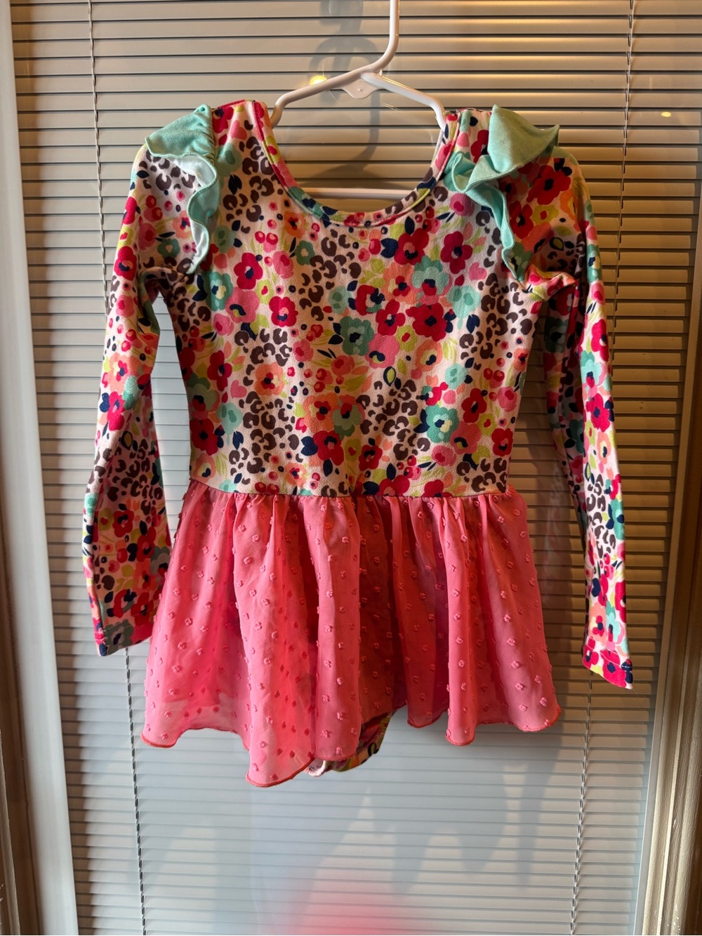 Cheeky Plum Floral Leopard Skirted Leotard Girls Size 5T Long Sleeve